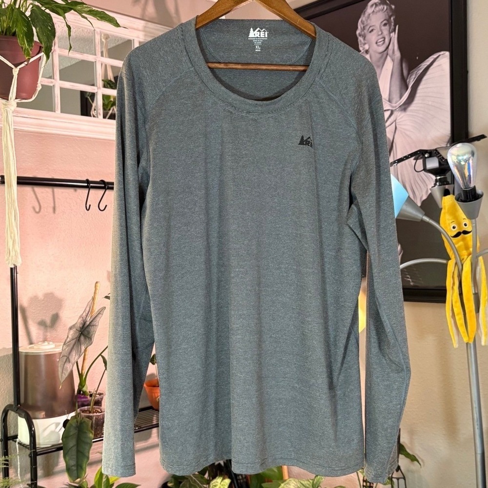 REI Long Sleeve Shirt Mens XL Grey Micro Stripe Raglan Crew Neck Hiking Gorpcore - Picture 2 of 11